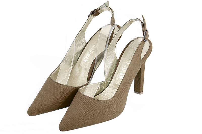 Camel beige women's slingback shoes. Pointed toe. High slim heel. Front view - Florence KOOIJMAN